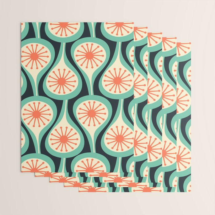 Mid Century Modern Atomic Drops Teal Orange Black Pattern Wrapping Paper Gallery Image 3
