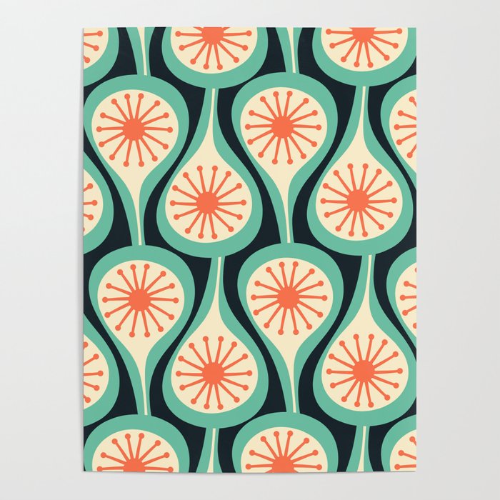 Mid Century Modern Atomic Drops Teal Orange Black Pattern Poster Gallery Image 4
