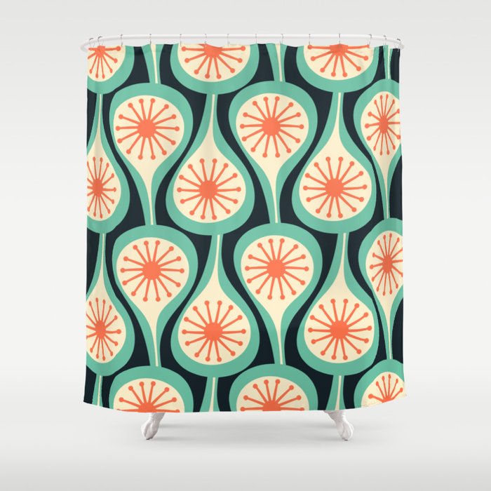 Mid Century Modern Atomic Drops Teal Orange Black Pattern Shower Curtain Gallery Image 1