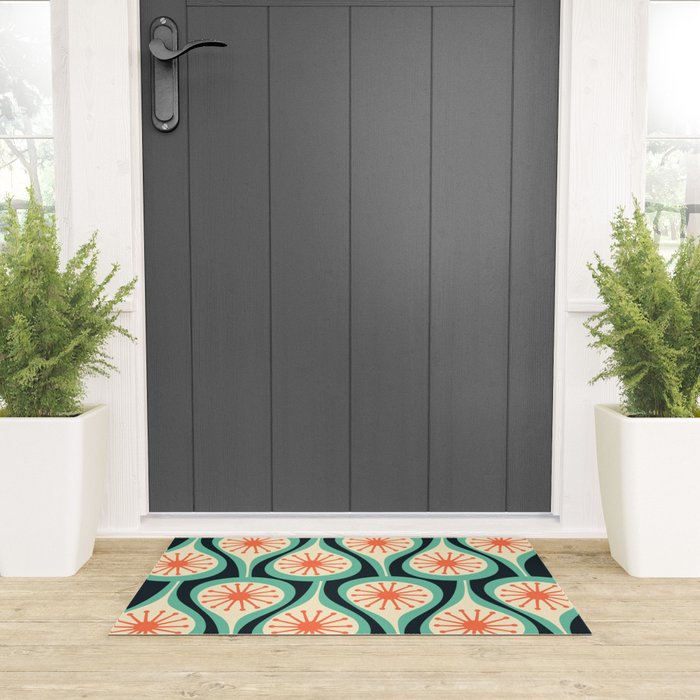 Mid Century Modern Atomic Drops Teal Orange Black Pattern Welcome Mat Gallery Image 3