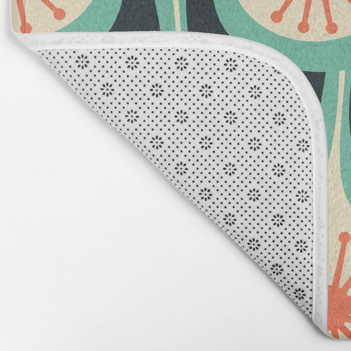 Mid Century Modern Atomic Drops Teal Orange Black Pattern Bath Mat Gallery Image 2