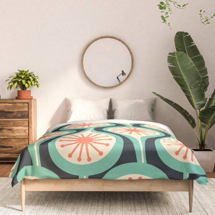 Mid Century Modern Atomic Drops Teal Orange Black Pattern Comforter Gallery Image 3