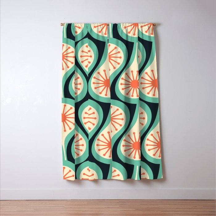 Mid Century Modern Atomic Drops Teal Orange Black Pattern Window Curtain Gallery Image 3
