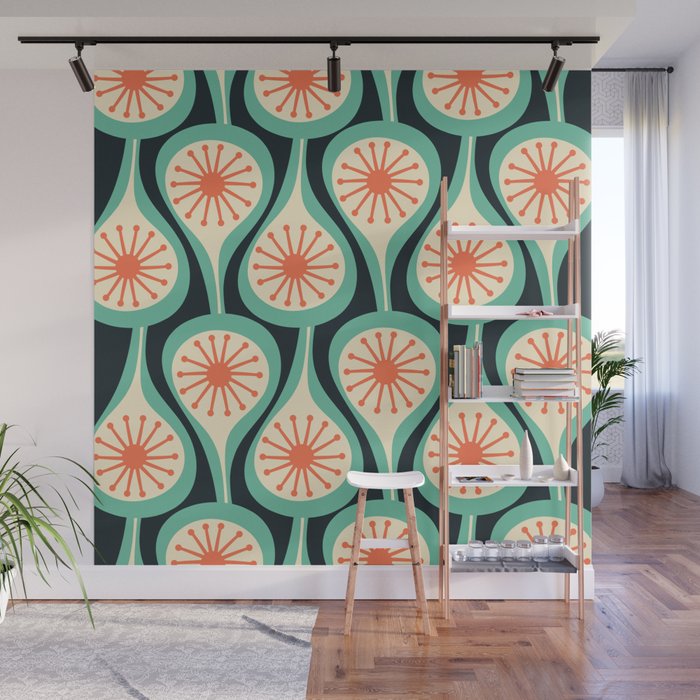Mid Century Modern Atomic Drops Teal Orange Black Pattern Wall Mural Gallery Image 1