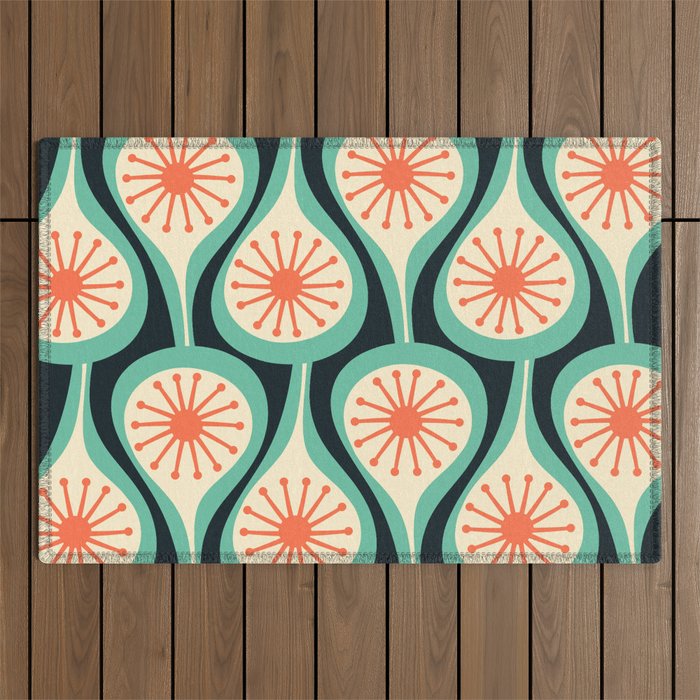 Mid Century Modern Atomic Drops Teal Orange Black Pattern Outdoor Rug Gallery Image 1