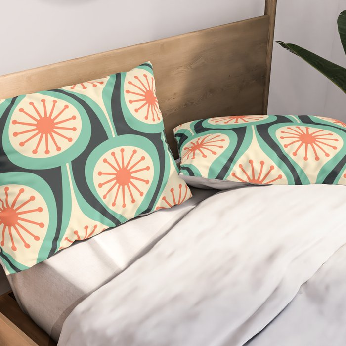 Mid Century Modern Atomic Drops Teal Orange Black Pattern Pillow Sham Gallery Image 2