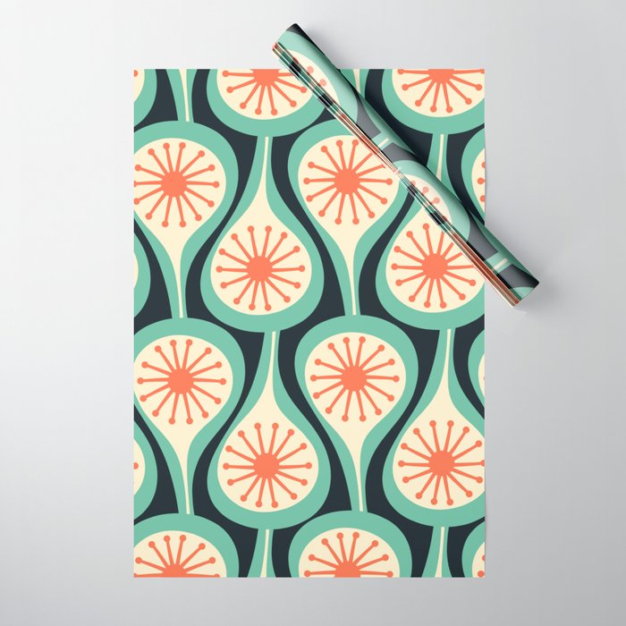 Mid Century Modern Atomic Drops Teal Orange Black Pattern Wrapping Paper Gallery Image 1