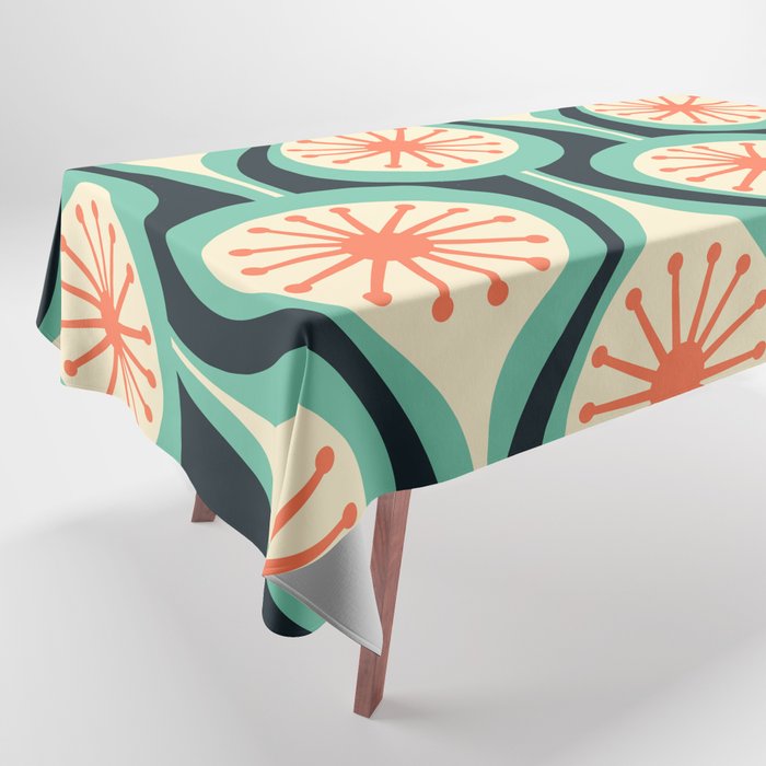 Mid Century Modern Atomic Drops Teal Orange Black Pattern Tablecloth Gallery Image 1