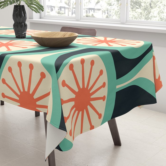 Mid Century Modern Atomic Drops Teal Orange Black Pattern Tablecloth Gallery Image 3
