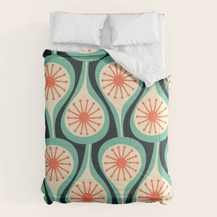 Mid Century Modern Atomic Drops Teal Orange Black Pattern Comforter Gallery Image 6