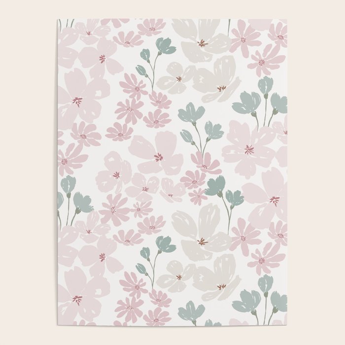 Soft meadow blooms - baby pink, rosy blush and warm beige floral pattern Poster Gallery Image 1