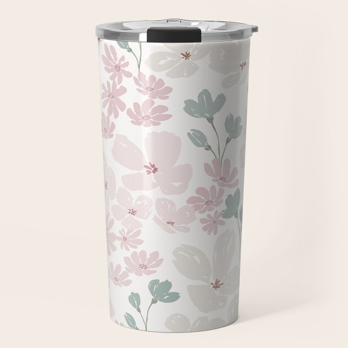 Soft meadow blooms - baby pink, rosy blush and warm beige floral pattern Travel Mug Gallery Image 1
