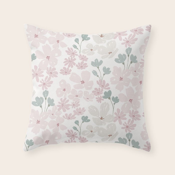 Soft meadow blooms - baby pink, rosy blush and warm beige floral pattern Throw Pillow Gallery Image 1