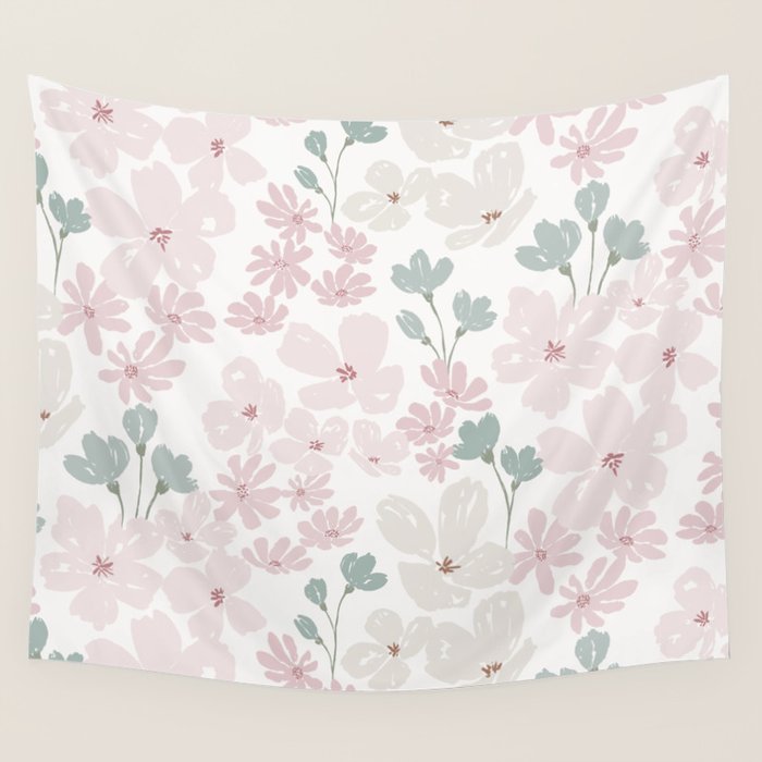 Soft meadow blooms - baby pink, rosy blush and warm beige floral pattern Wall Tapestry Gallery Image 1