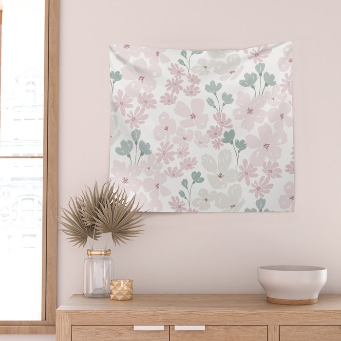Soft meadow blooms - baby pink, rosy blush and warm beige floral pattern Wall Tapestry Gallery Image 2
