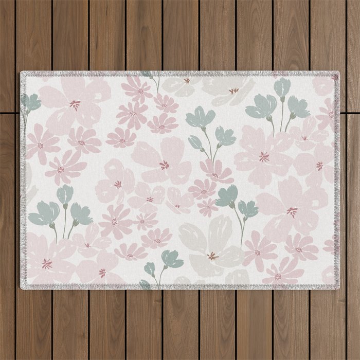 Soft meadow blooms - baby pink, rosy blush and warm beige floral pattern Outdoor Rug Gallery Image 1