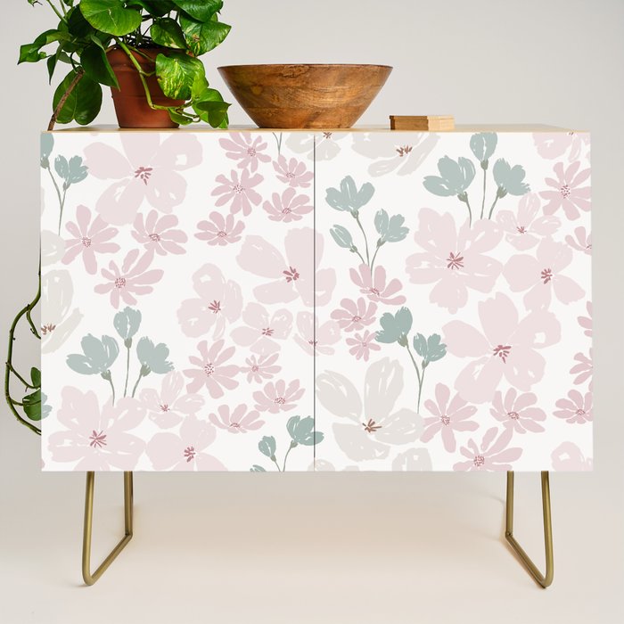 Soft meadow blooms - baby pink, rosy blush and warm beige floral pattern Credenza Gallery Image 1
