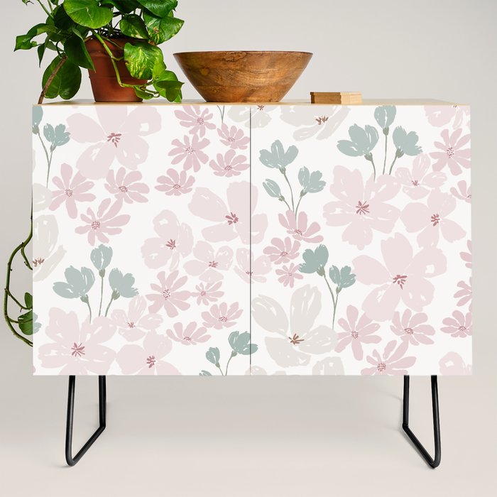 Soft meadow blooms - baby pink, rosy blush and warm beige floral pattern Credenza Gallery Image 2