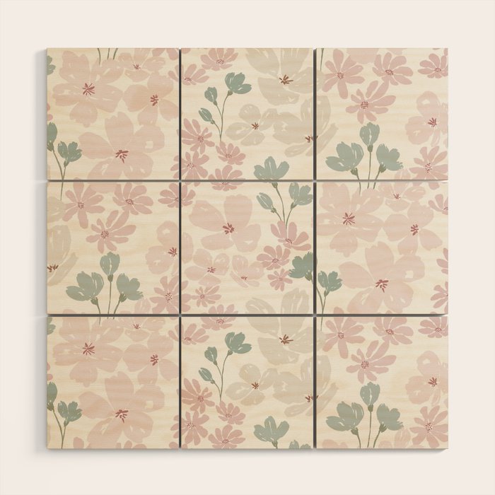 Soft meadow blooms - baby pink, rosy blush and warm beige floral pattern Wood Wall Art Gallery Image 1