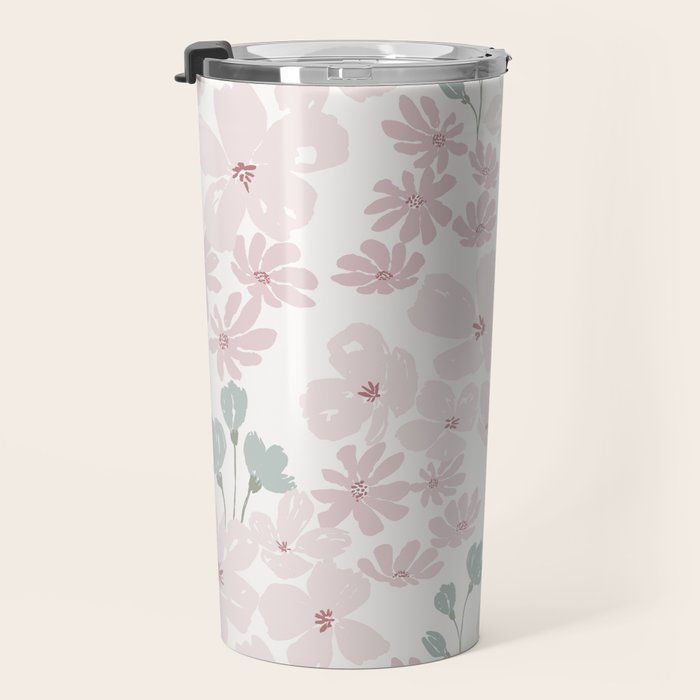 Soft meadow blooms - baby pink, rosy blush and warm beige floral pattern Travel Mug Gallery Image 3