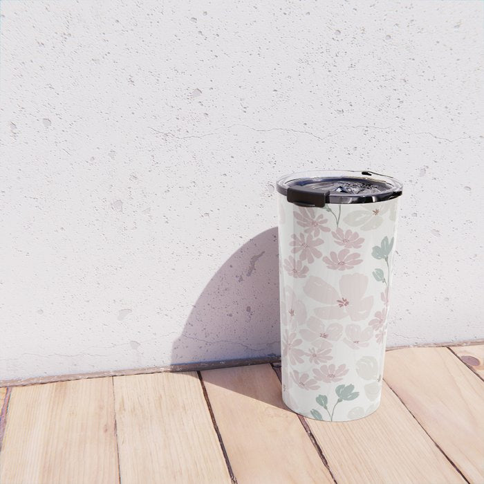 Soft meadow blooms - baby pink, rosy blush and warm beige floral pattern Travel Mug Gallery Image 4