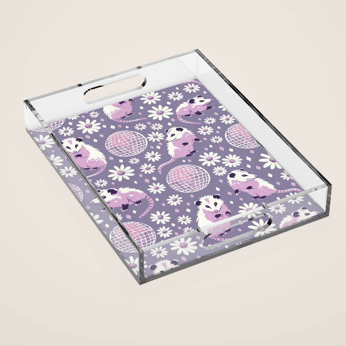 Disco Opossums and Daisies  Retro Pattern Acrylic Tray Gallery Image 1