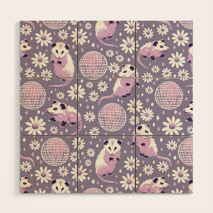 Disco Opossums and Daisies  Retro Pattern Wood Wall Art Gallery Image 1