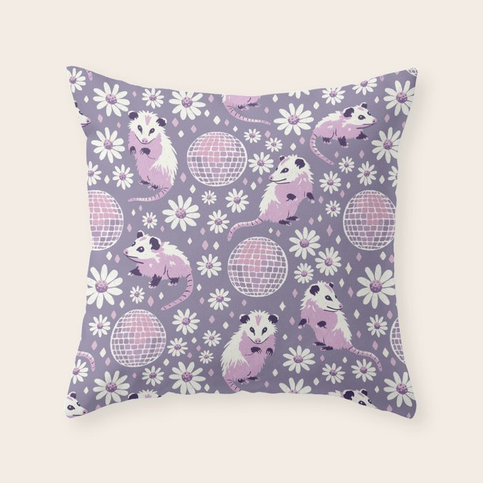 Disco Opossums and Daisies  Retro Pattern Throw Pillow Gallery Image 1