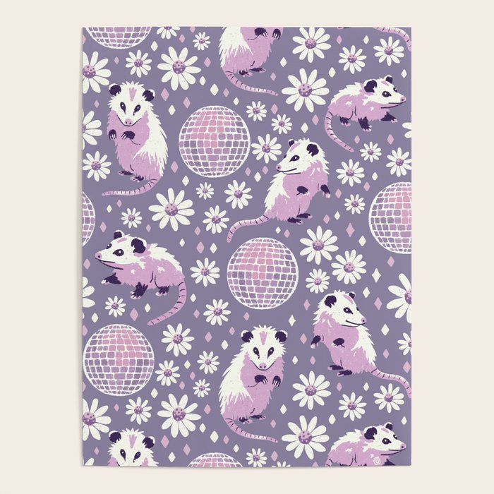 Disco Opossums and Daisies  Retro Pattern Poster Gallery Image 1