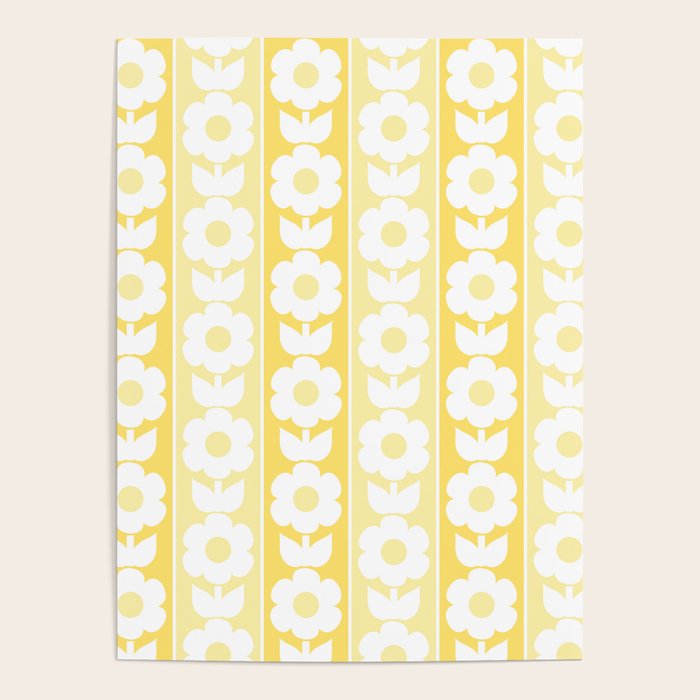 Vintage Floral Jonnty Flowers and Stripes Butter Yellow and White Cottage Stripes Poster Gallery Image 4