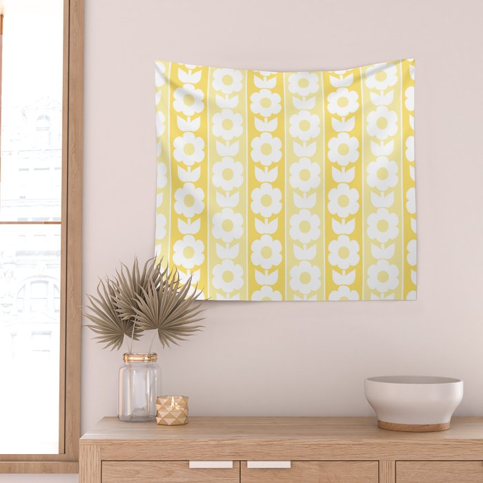 Vintage Floral Jonnty Flowers and Stripes Butter Yellow and White Cottage Stripes Wall Tapestry Gallery Image 2