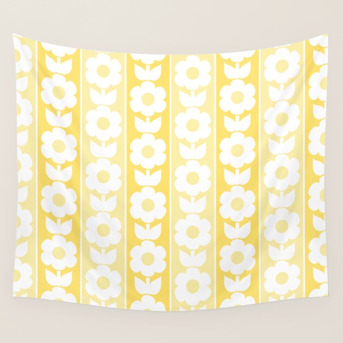 Vintage Floral Jonnty Flowers and Stripes Butter Yellow and White Cottage Stripes Wall Tapestry Gallery Image 4