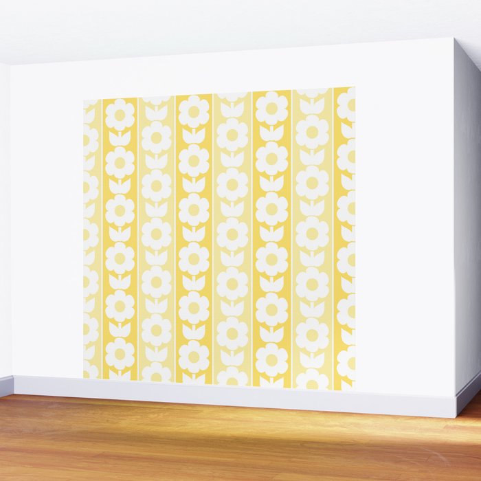 Vintage Floral Jonnty Flowers and Stripes Butter Yellow and White Cottage Stripes Wall Mural Gallery Image 2