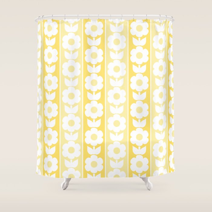 Vintage Floral Jonnty Flowers and Stripes Butter Yellow and White Cottage Stripes Shower Curtain Gallery Image 1