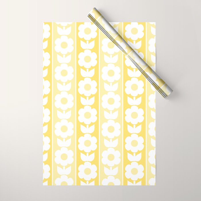 Vintage Floral Jonnty Flowers and Stripes Butter Yellow and White Cottage Stripes Wrapping Paper Gallery Image 1