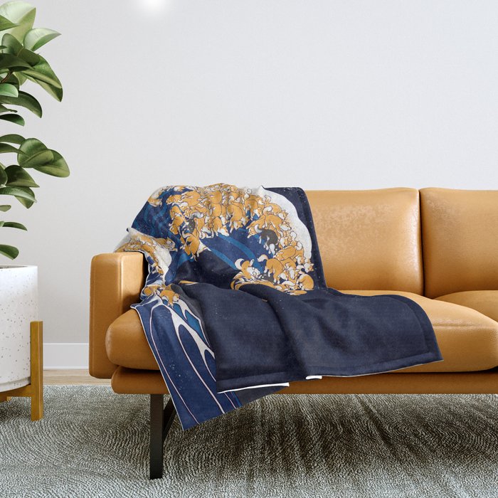 Shiba Inu The Great Wave in Night Throw Blanket Gallery Image 1