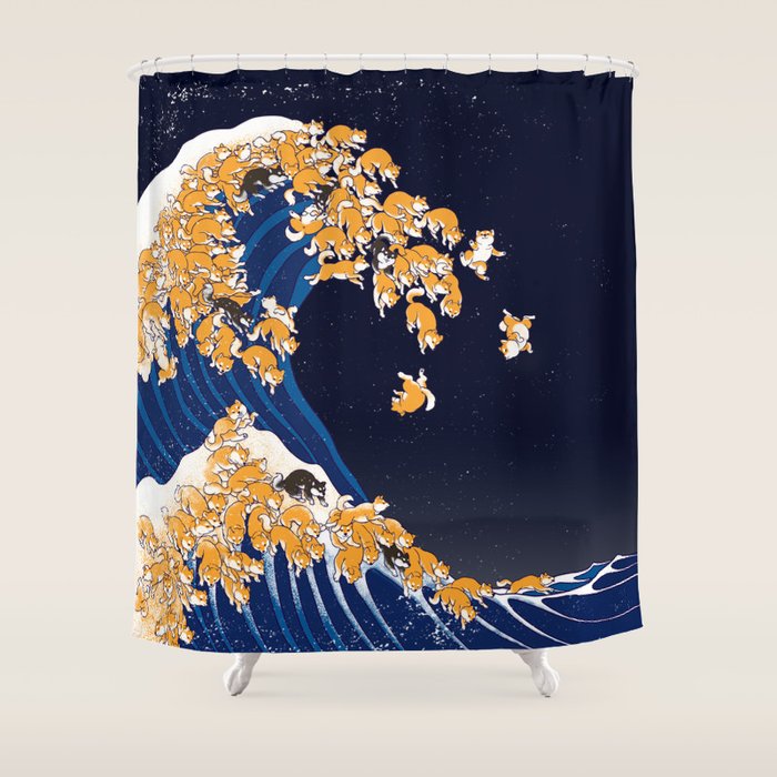 Shiba Inu The Great Wave in Night Shower Curtain Gallery Image 1
