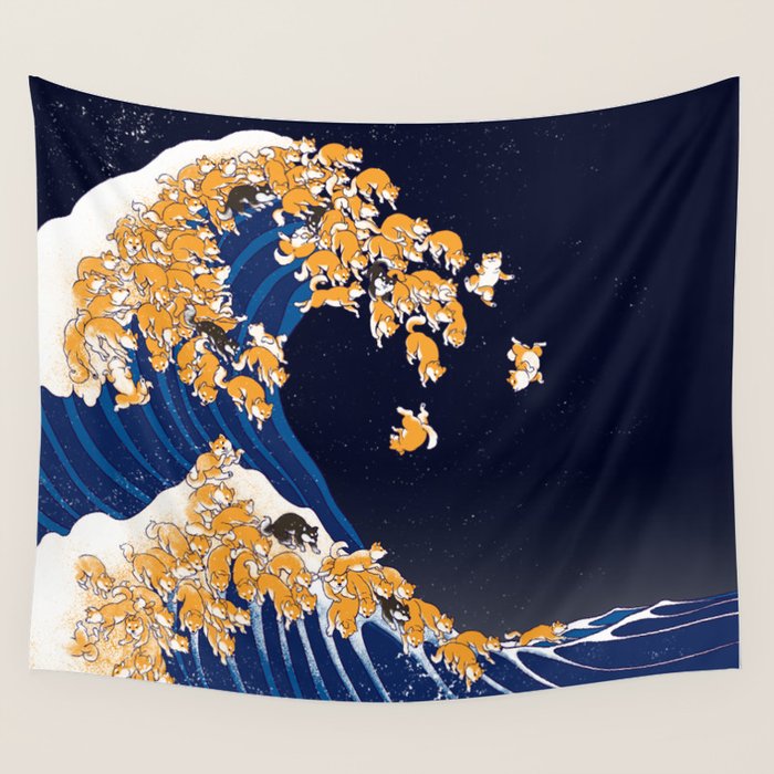 Shiba Inu The Great Wave in Night Wall Tapestry Gallery Image 4