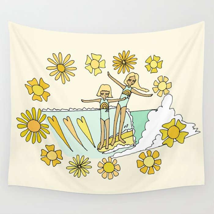 surfs up little ones // retro surf art by surfy birdy Wall Tapestry Gallery Image 1