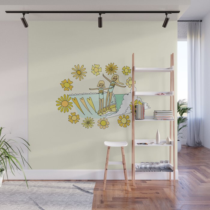 surfs up little ones // retro surf art by surfy birdy Wall Mural Gallery Image 1
