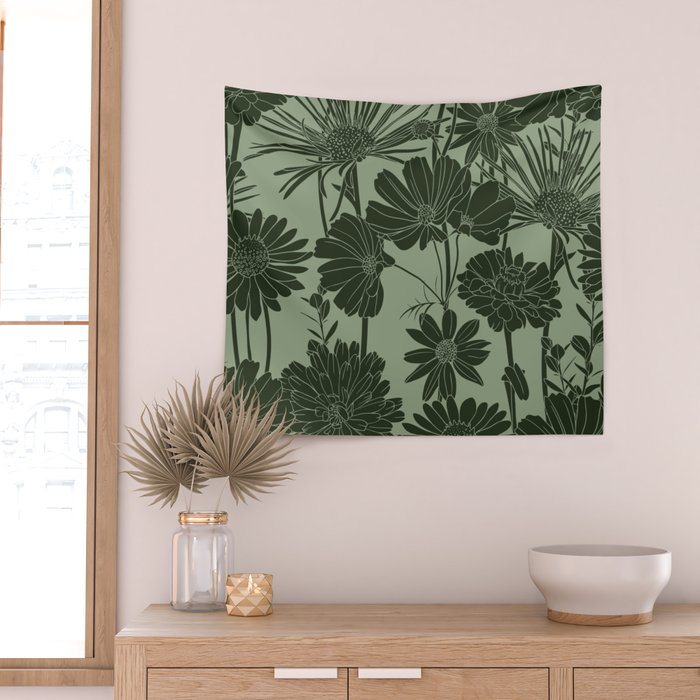 Floral Prints, Dark Green, Colour Prints Wall Tapestry Gallery Image 2