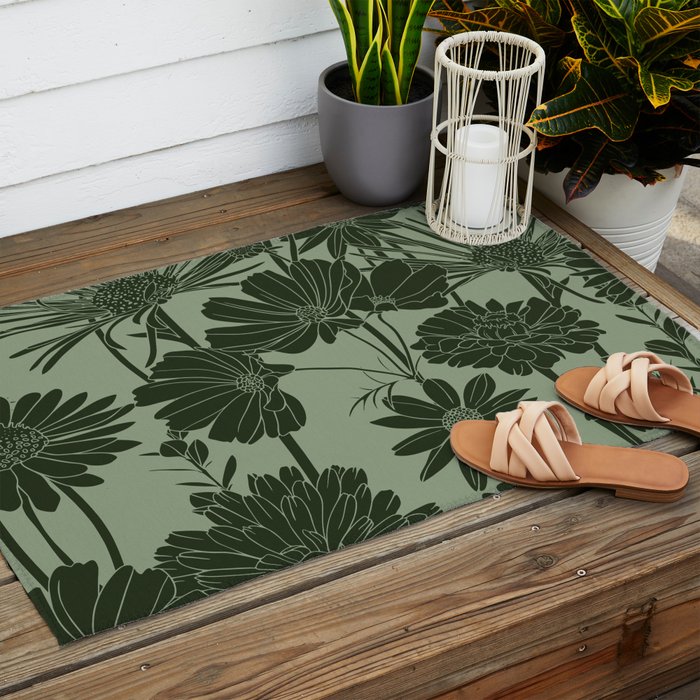Floral Prints, Dark Green, Colour Prints Outdoor Rug Gallery Image 2