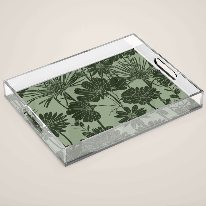 Floral Prints, Dark Green, Colour Prints Acrylic Tray Gallery Image 1