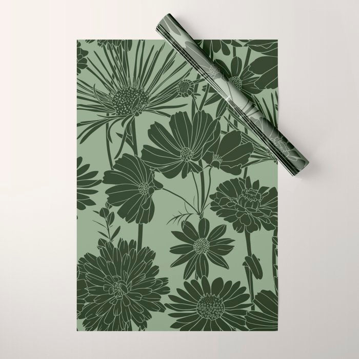 Floral Prints, Dark Green, Colour Prints Wrapping Paper Gallery Image 1