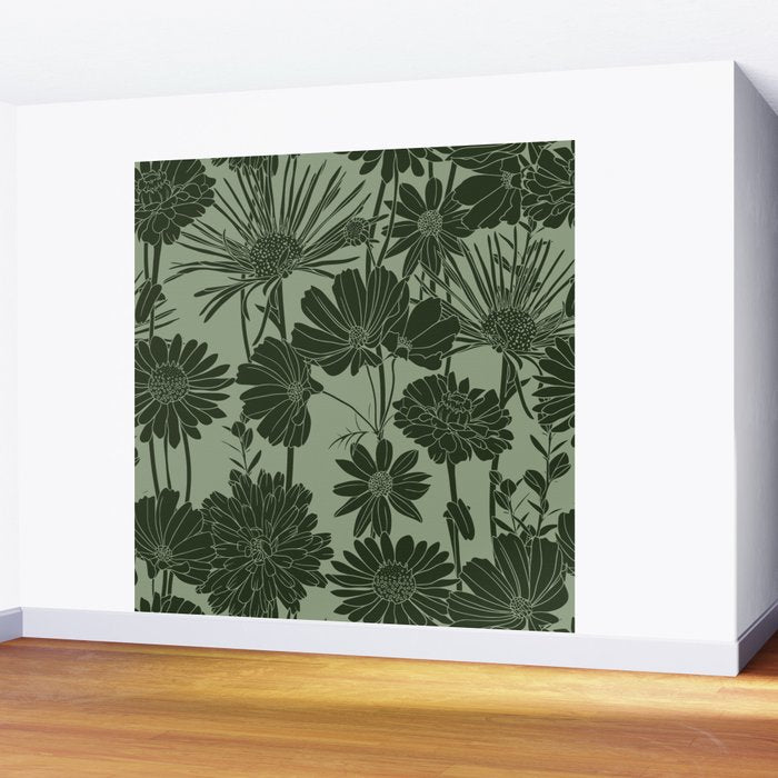 Floral Prints, Dark Green, Colour Prints Wall Mural Gallery Image 2