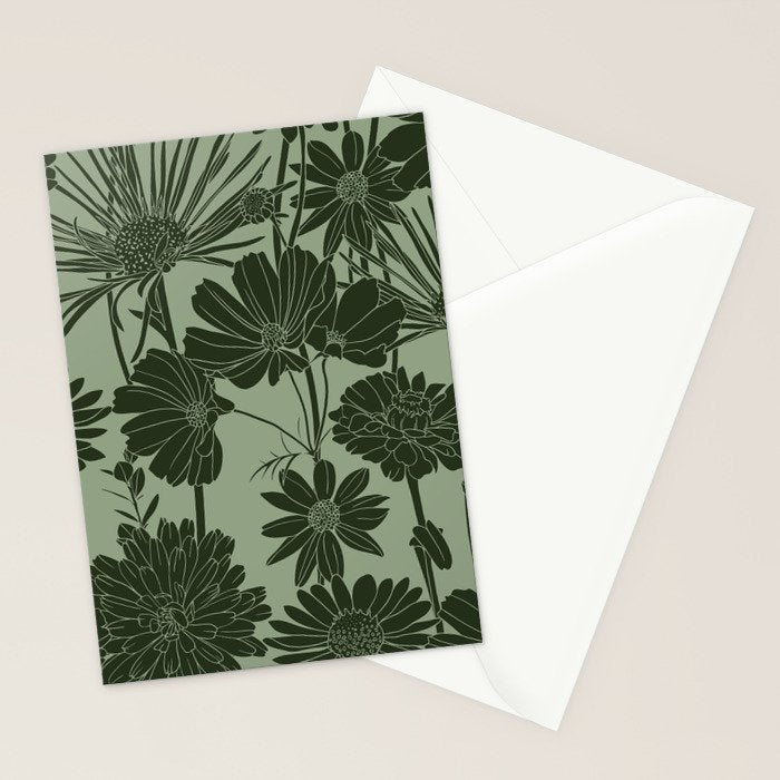 Floral Prints, Dark Green, Colour Prints Stationery Card Gallery Image 2