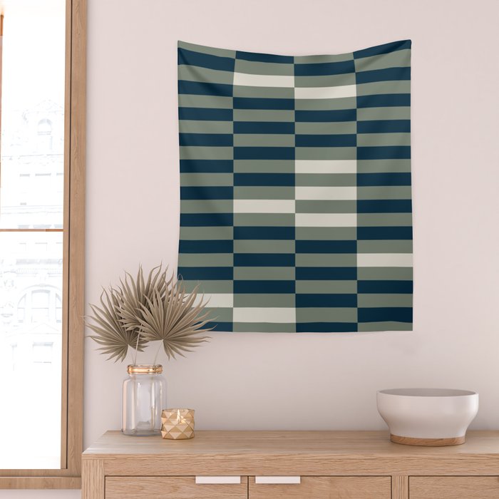 offset stripes Modern Geometric Abstract Shapes Green Black Cream Wall Tapestry Gallery Image 2
