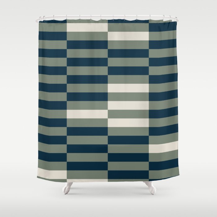 offset stripes Modern Geometric Abstract Shapes Green Black Cream Shower Curtain Gallery Image 1