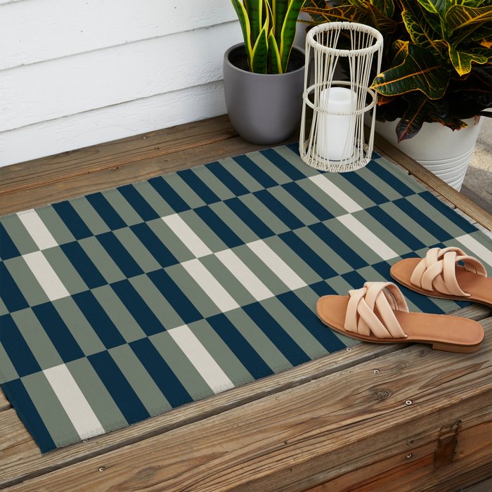 offset stripes Modern Geometric Abstract Shapes Green Black Cream Outdoor Rug Gallery Image 2