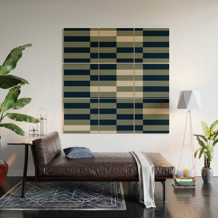 offset stripes Modern Geometric Abstract Shapes Green Black Cream Wood Wall Art Gallery Image 2